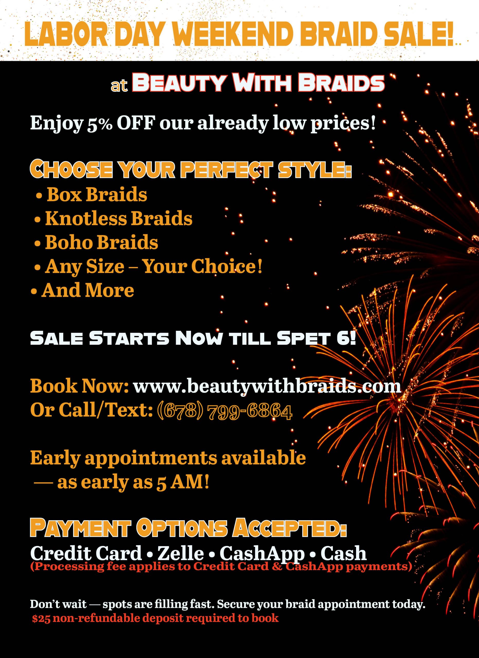 Beauty with Braids Labor Day Weekend Sale flyer in pink and black promoting 5% off braiding services including box braids, knotless braids, and boho braids, with early appointments starting at 5AM